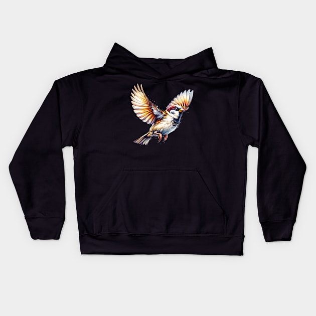 Watercolor Flying House Sparrow Kids Hoodie by The Jumping Cart